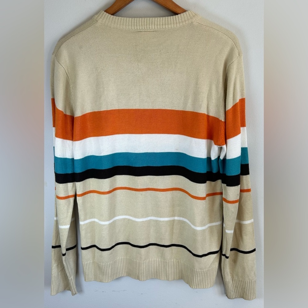 Vintage Lacoste Mens Tan Striped V-Neck Pullover Cotton Sweater Long Sleeve Sz 6 - Picture 7 of 9